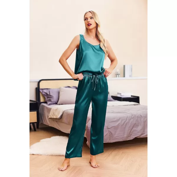 Ekouaer Womens Satin Pajamas Set Back Split Top and Long Pant Silk Pj Set Tank Sleepwear SXXLGreen