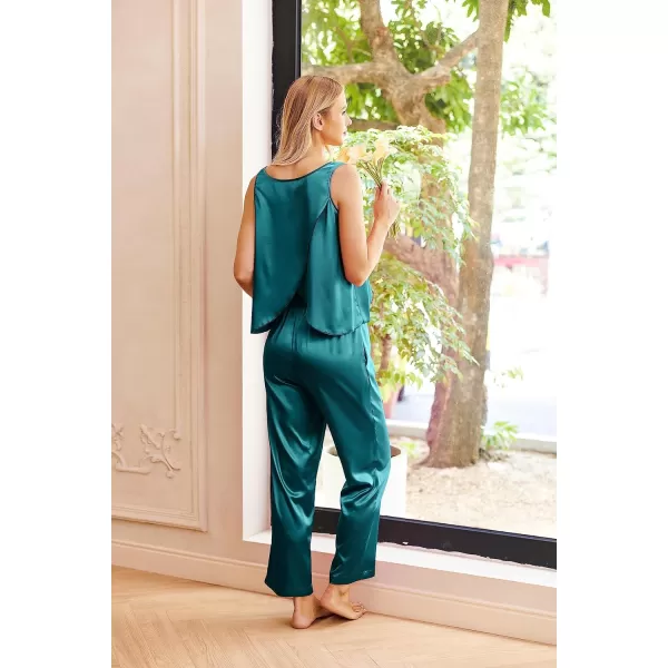 Ekouaer Womens Satin Pajamas Set Back Split Top and Long Pant Silk Pj Set Tank Sleepwear SXXLGreen