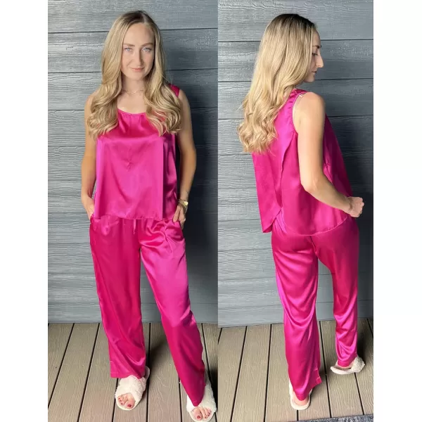Ekouaer Womens Satin Pajamas Set Back Split Top and Long Pant Silk Pj Set Tank Sleepwear SXXLHot Pink