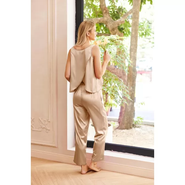 Ekouaer Womens Satin Pajamas Set Back Split Top and Long Pant Silk Pj Set Tank Sleepwear SXXLLight Tan