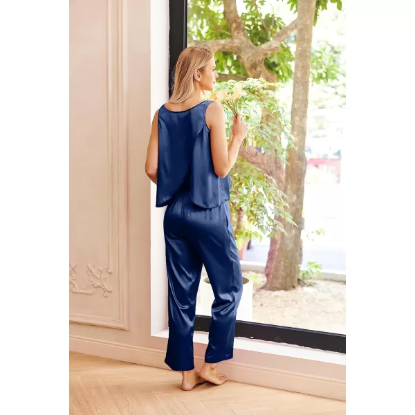 Ekouaer Womens Satin Pajamas Set Back Split Top and Long Pant Silk Pj Set Tank Sleepwear SXXLNavy Blue