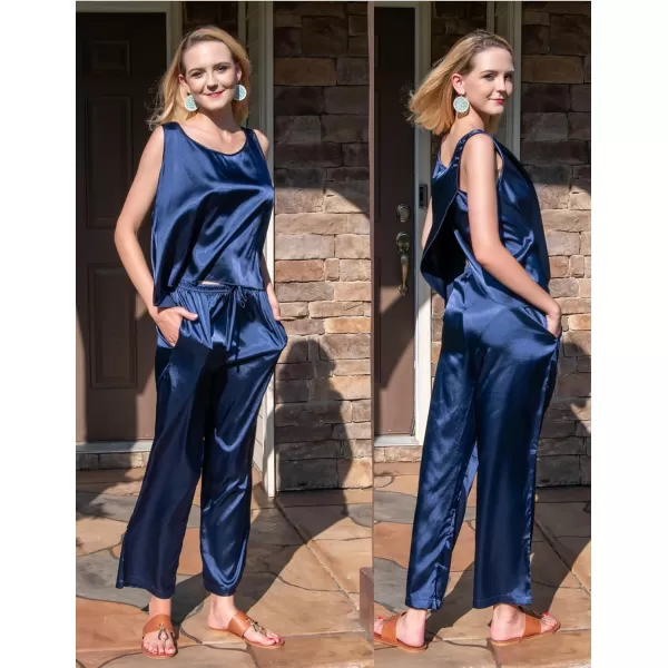 Ekouaer Womens Satin Pajamas Set Back Split Top and Long Pant Silk Pj Set Tank Sleepwear SXXLNavy Blue