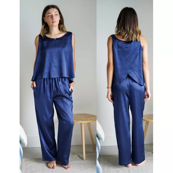 Ekouaer Womens Satin Pajamas Set Back Split Top and Long Pant Silk Pj Set Tank Sleepwear SXXLNavy Blue