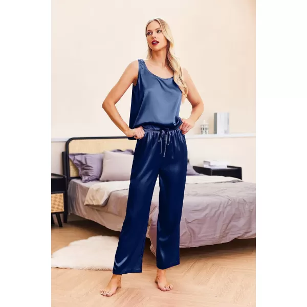 Ekouaer Womens Satin Pajamas Set Back Split Top and Long Pant Silk Pj Set Tank Sleepwear SXXLNavy Blue