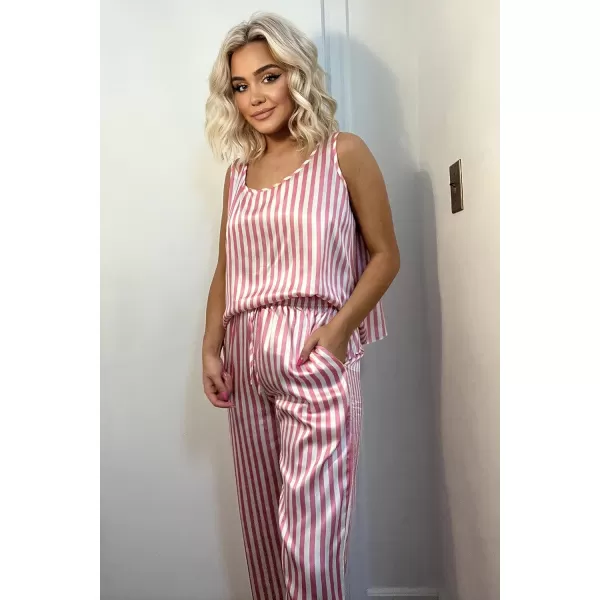 Ekouaer Womens Satin Pajamas Set Back Split Top and Long Pant Silk Pj Set Tank Sleepwear SXXLPink Stripes