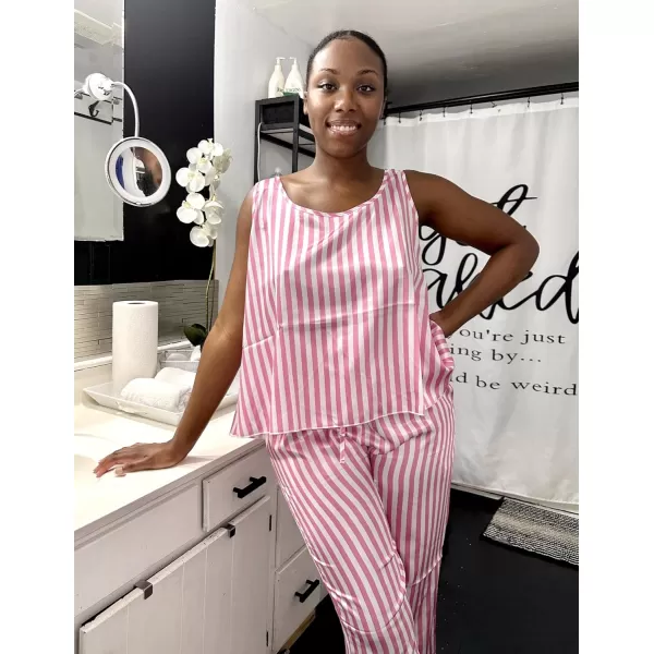 Ekouaer Womens Satin Pajamas Set Back Split Top and Long Pant Silk Pj Set Tank Sleepwear SXXLPink Stripes