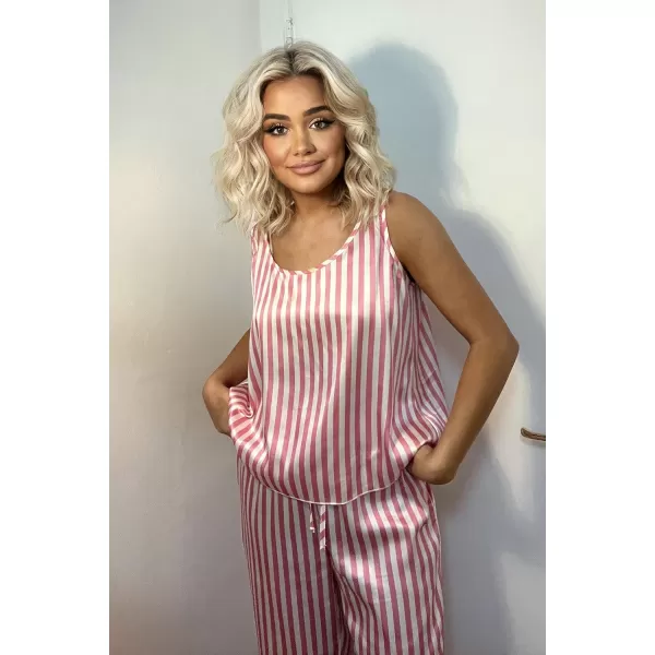 Ekouaer Womens Satin Pajamas Set Back Split Top and Long Pant Silk Pj Set Tank Sleepwear SXXLPink Stripes