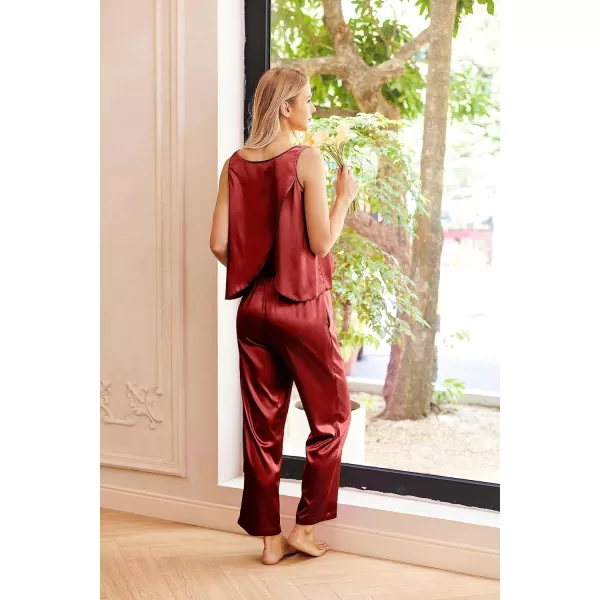 Ekouaer Womens Satin Pajamas Set Back Split Top and Long Pant Silk Pj Set Tank Sleepwear SXXLWine Red
