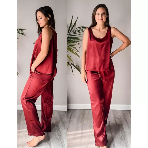 Ekouaer Womens Satin Pajamas Set Back Split Top and Long Pant Silk Pj Set Tank Sleepwear SXXLWine Red