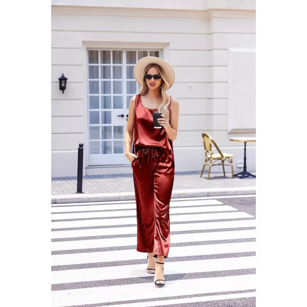 Ekouaer Womens Satin Pajamas Set Back Split Top and Long Pant Silk Pj Set Tank Sleepwear SXXLWine Red