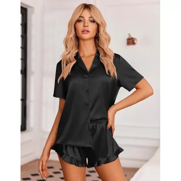 Ekouaer Womens Satin Pajamas Set Button Down 2 Piece Silk Pjs Shorts Set Ruffle Lingerie Notch Collar Sleepwear SXXLBlack