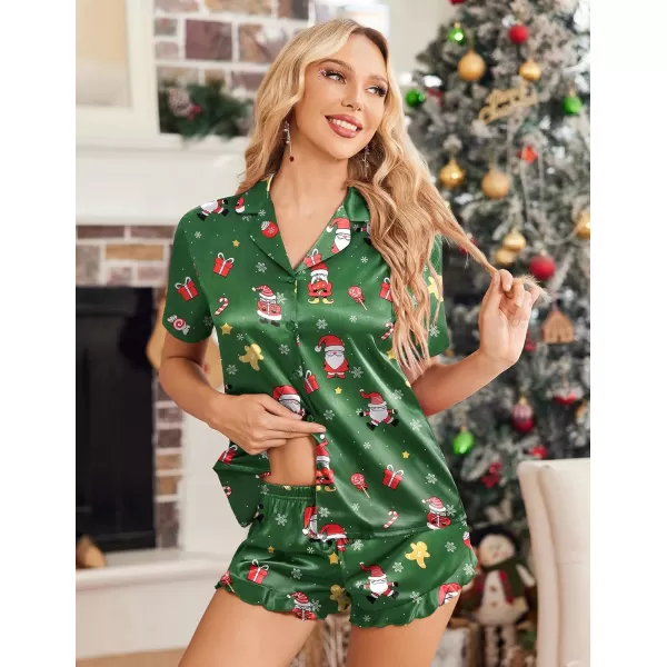 Ekouaer Womens Satin Pajamas Set Button Down 2 Piece Silk Pjs Shorts Set Ruffle Lingerie Notch Collar Sleepwear SXXLChristmas Green