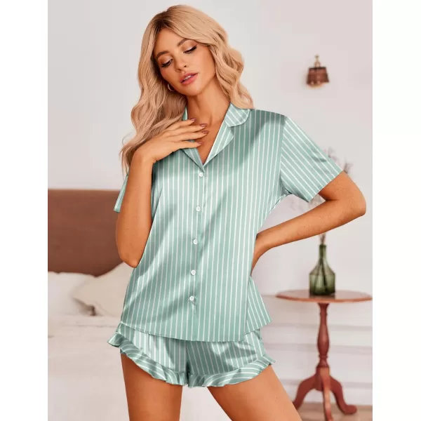 Ekouaer Womens Satin Pajamas Set Button Down 2 Piece Silk Pjs Shorts Set Ruffle Lingerie Notch Collar Sleepwear SXXLGreen Striped