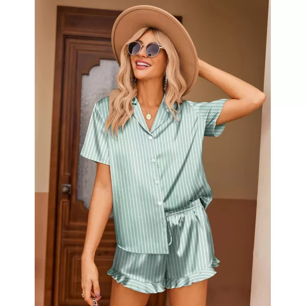 Ekouaer Womens Satin Pajamas Set Button Down 2 Piece Silk Pjs Shorts Set Ruffle Lingerie Notch Collar Sleepwear SXXLGreen Striped