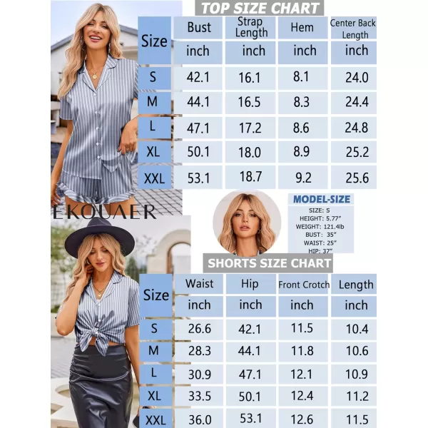 Ekouaer Womens Satin Pajamas Set Button Down 2 Piece Silk Pjs Shorts Set Ruffle Lingerie Notch Collar Sleepwear SXXLGrey Blue Striped