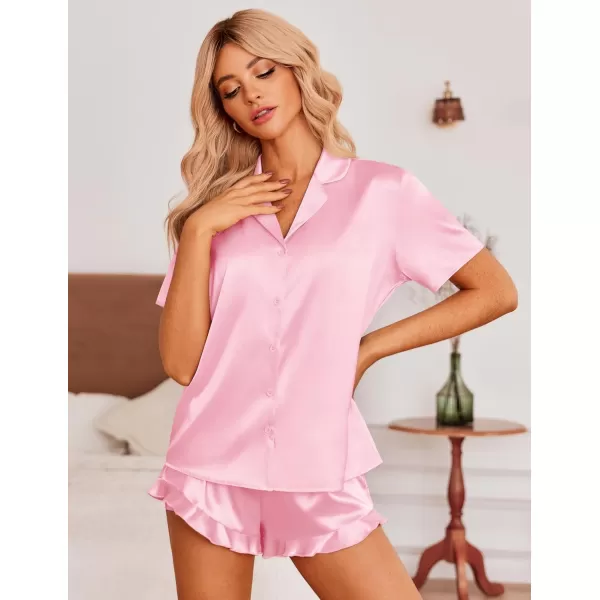 Ekouaer Womens Satin Pajamas Set Button Down 2 Piece Silk Pjs Shorts Set Ruffle Lingerie Notch Collar Sleepwear SXXLPink