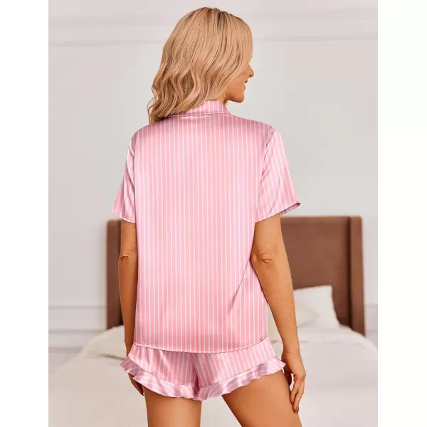 Ekouaer Womens Satin Pajamas Set Button Down 2 Piece Silk Pjs Shorts Set Ruffle Lingerie Notch Collar Sleepwear SXXLPink Striped