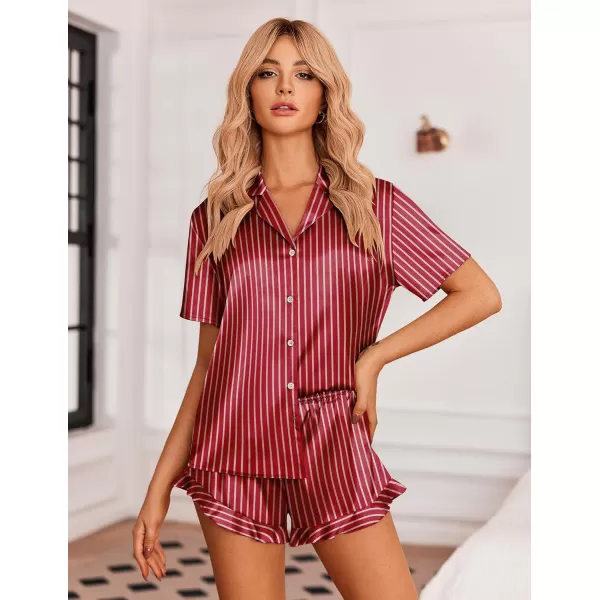 Ekouaer Womens Satin Pajamas Set Button Down 2 Piece Silk Pjs Shorts Set Ruffle Lingerie Notch Collar Sleepwear SXXLStriped Wine Red