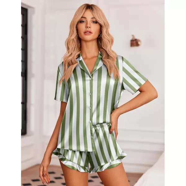 Ekouaer Womens Satin Pajamas Set Button Down 2 Piece Silk Pjs Shorts Set Ruffle Lingerie Notch Collar Sleepwear SXXLThick Striped Green