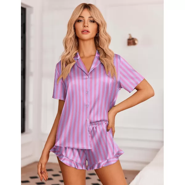 Ekouaer Womens Satin Pajamas Set Button Down 2 Piece Silk Pjs Shorts Set Ruffle Lingerie Notch Collar Sleepwear SXXLThick Striped Purple