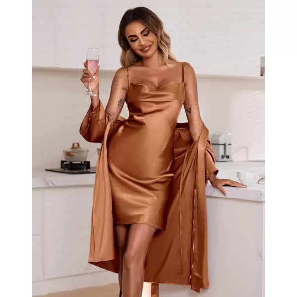 Ekouaer Womens Satin Robe Set Nightgown with Robes Silk Pajama Set 2 Pieces Lingerie Cowl Neck Cami Sleepwear SetsBrown