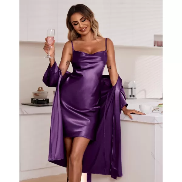 Ekouaer Womens Satin Robe Set Nightgown with Robes Silk Pajama Set 2 Pieces Lingerie Cowl Neck Cami Sleepwear SetsDeep Purple