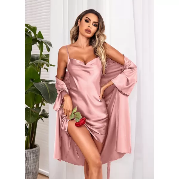 Ekouaer Womens Satin Robe Set Nightgown with Robes Silk Pajama Set 2 Pieces Lingerie Cowl Neck Cami Sleepwear SetsDusty Pink