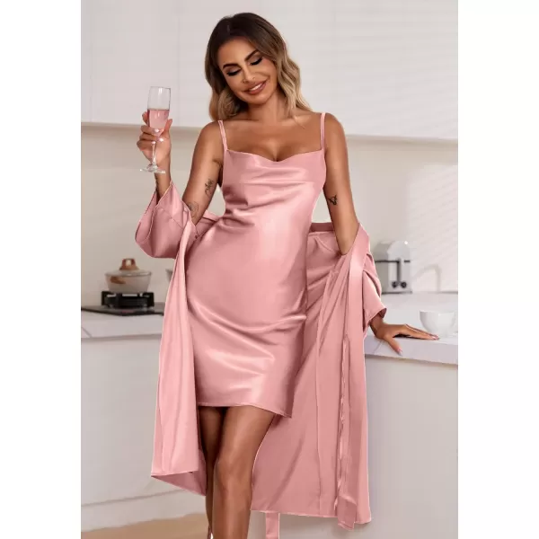 Ekouaer Womens Satin Robe Set Nightgown with Robes Silk Pajama Set 2 Pieces Lingerie Cowl Neck Cami Sleepwear SetsDusty Pink