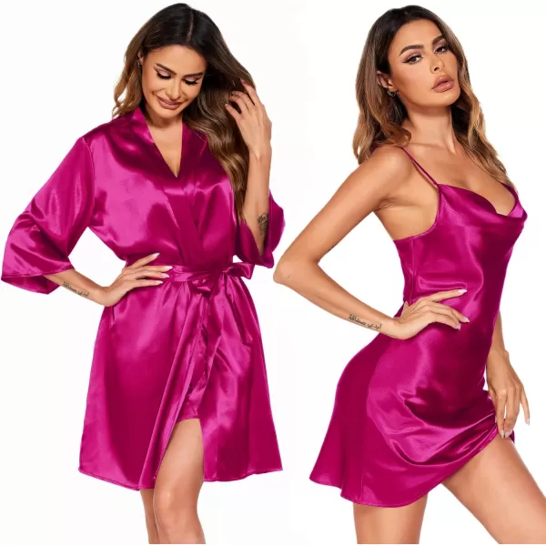 Ekouaer Womens Satin Robe Set Nightgown with Robes Silk Pajama Set 2 Pieces Lingerie Cowl Neck Cami Sleepwear SetsHot Pink