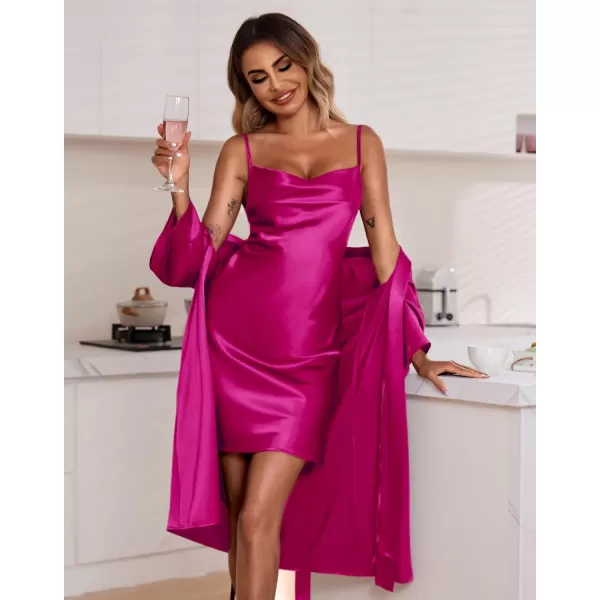 Ekouaer Womens Satin Robe Set Nightgown with Robes Silk Pajama Set 2 Pieces Lingerie Cowl Neck Cami Sleepwear SetsHot Pink