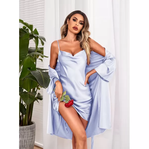 Ekouaer Womens Satin Robe Set Nightgown with Robes Silk Pajama Set 2 Pieces Lingerie Cowl Neck Cami Sleepwear SetsLavender