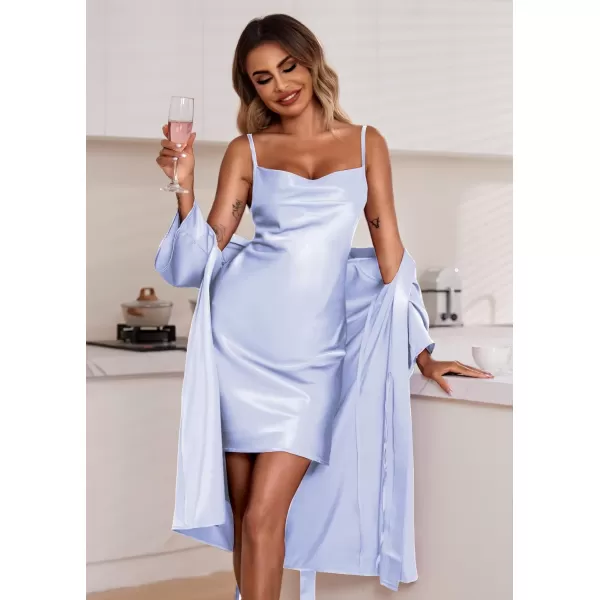 Ekouaer Womens Satin Robe Set Nightgown with Robes Silk Pajama Set 2 Pieces Lingerie Cowl Neck Cami Sleepwear SetsLavender