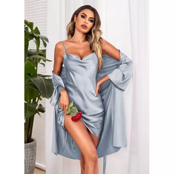 Ekouaer Womens Satin Robe Set Nightgown with Robes Silk Pajama Set 2 Pieces Lingerie Cowl Neck Cami Sleepwear SetsLight Blue