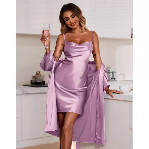 Ekouaer Womens Satin Robe Set Nightgown with Robes Silk Pajama Set 2 Pieces Lingerie Cowl Neck Cami Sleepwear SetsPurple Red