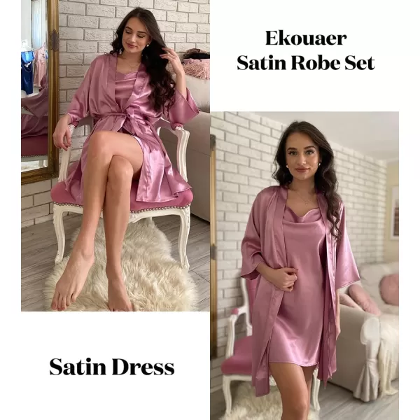 Ekouaer Womens Satin Robe Set Nightgown with Robes Silk Pajama Set 2 Pieces Lingerie Cowl Neck Cami Sleepwear SetsPurple Red