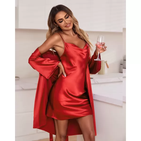 Ekouaer Womens Satin Robe Set Nightgown with Robes Silk Pajama Set 2 Pieces Lingerie Cowl Neck Cami Sleepwear SetsRed