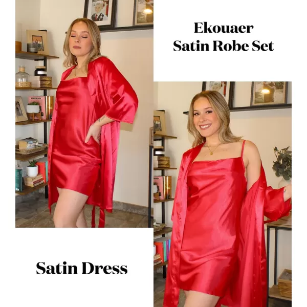 Ekouaer Womens Satin Robe Set Nightgown with Robes Silk Pajama Set 2 Pieces Lingerie Cowl Neck Cami Sleepwear SetsRed