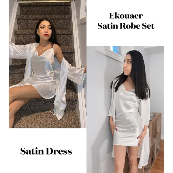 Ekouaer Womens Satin Robe Set Nightgown with Robes Silk Pajama Set 2 Pieces Lingerie Cowl Neck Cami Sleepwear SetsWhite