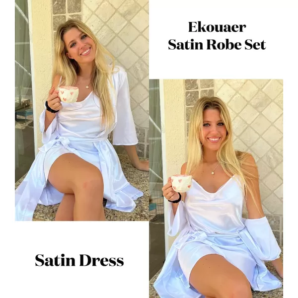 Ekouaer Womens Satin Robe Set Nightgown with Robes Silk Pajama Set 2 Pieces Lingerie Cowl Neck Cami Sleepwear SetsWhite