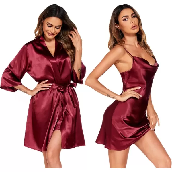 Ekouaer Womens Satin Robe Set Nightgown with Robes Silk Pajama Set 2 Pieces Lingerie Cowl Neck Cami Sleepwear SetsWine Red