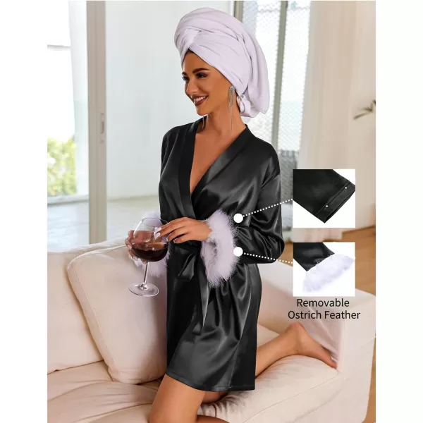 Ekouaer Womens Satin Robe Short Bridesmaid Bride Feather Bridal Robe Kimono Silky Long Sleeve Bathrobe SXXLBlack