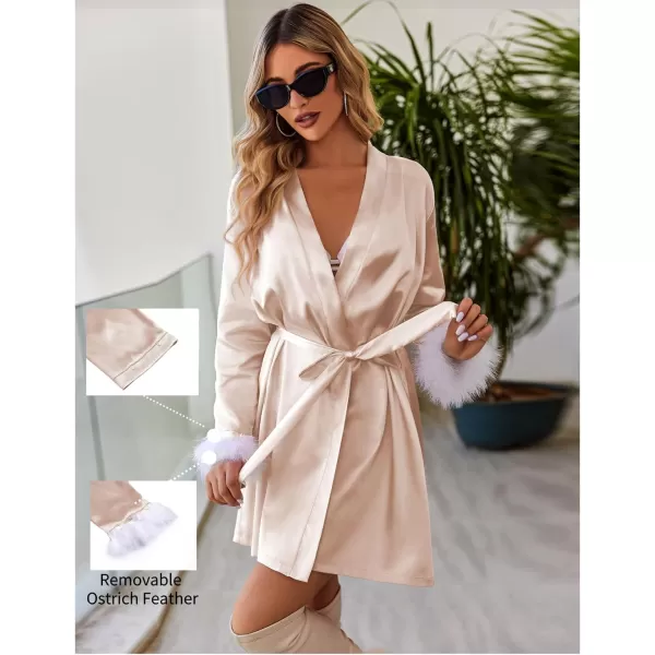 Ekouaer Womens Satin Robe Short Bridesmaid Bride Feather Bridal Robe Kimono Silky Long Sleeve Bathrobe SXXLChampagne