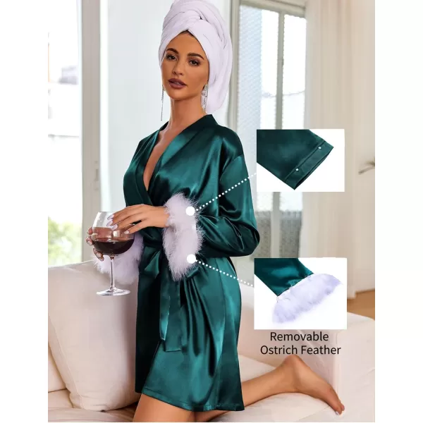 Ekouaer Womens Satin Robe Short Bridesmaid Bride Feather Bridal Robe Kimono Silky Long Sleeve Bathrobe SXXLDark Green