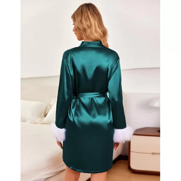 Ekouaer Womens Satin Robe Short Bridesmaid Bride Feather Bridal Robe Kimono Silky Long Sleeve Bathrobe SXXLDark Green