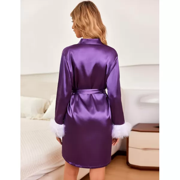 Ekouaer Womens Satin Robe Short Bridesmaid Bride Feather Bridal Robe Kimono Silky Long Sleeve Bathrobe SXXLPurple