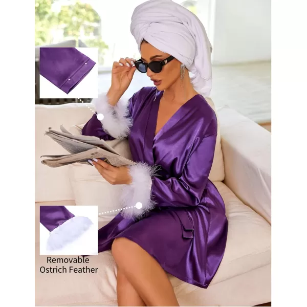 Ekouaer Womens Satin Robe Short Bridesmaid Bride Feather Bridal Robe Kimono Silky Long Sleeve Bathrobe SXXLPurple