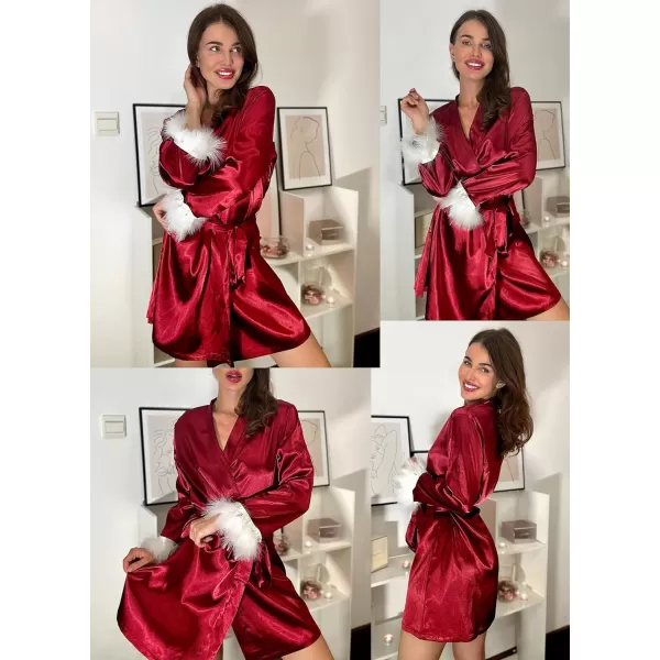 Ekouaer Womens Satin Robe Short Bridesmaid Bride Feather Bridal Robe Kimono Silky Long Sleeve Bathrobe SXXLWine Red