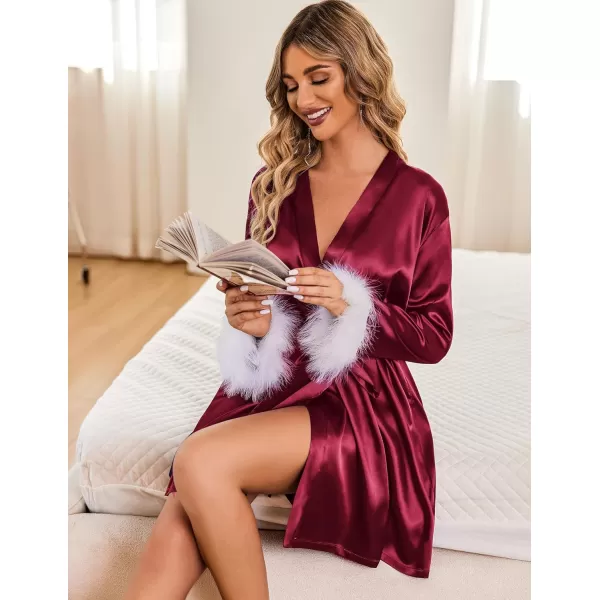 Ekouaer Womens Satin Robe Short Bridesmaid Bride Feather Bridal Robe Kimono Silky Long Sleeve Bathrobe SXXLWine Red