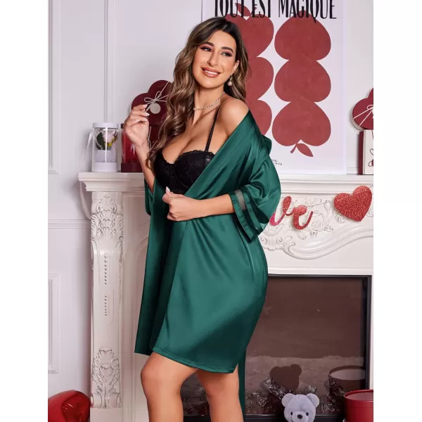 Ekouaer Womens Satin Robe Silk Kimono Bathrobe Bridesmaid Wedding Bridal Party Robes 34 Bell Sleeve Sleepwear SXXL04 Dark Green