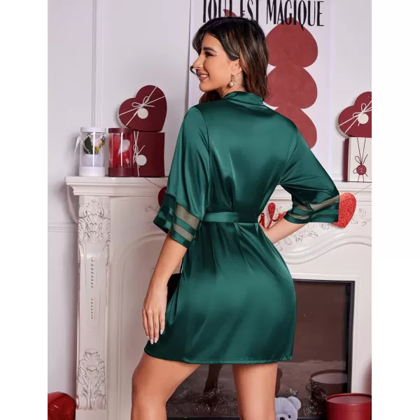 Ekouaer Womens Satin Robe Silk Kimono Bathrobe Bridesmaid Wedding Bridal Party Robes 34 Bell Sleeve Sleepwear SXXL04 Dark Green